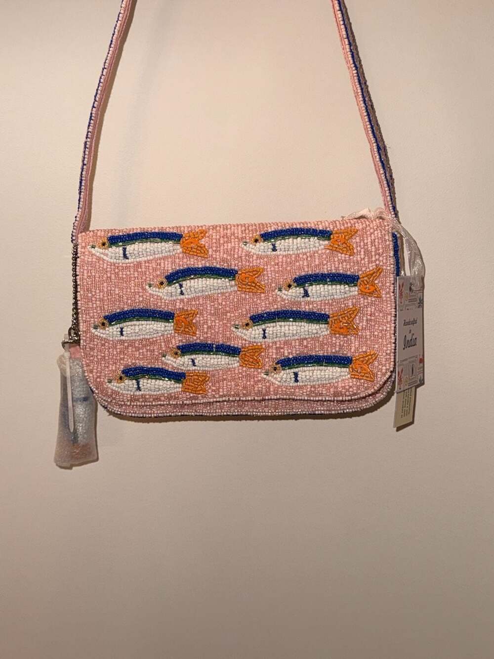 Viral Handcrafted in India Beaded Sardine Fish shoulder Bag Pink